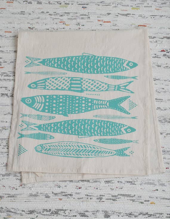 Sardines Tea Towel in Mint Green - Organic Cotton - Fishes