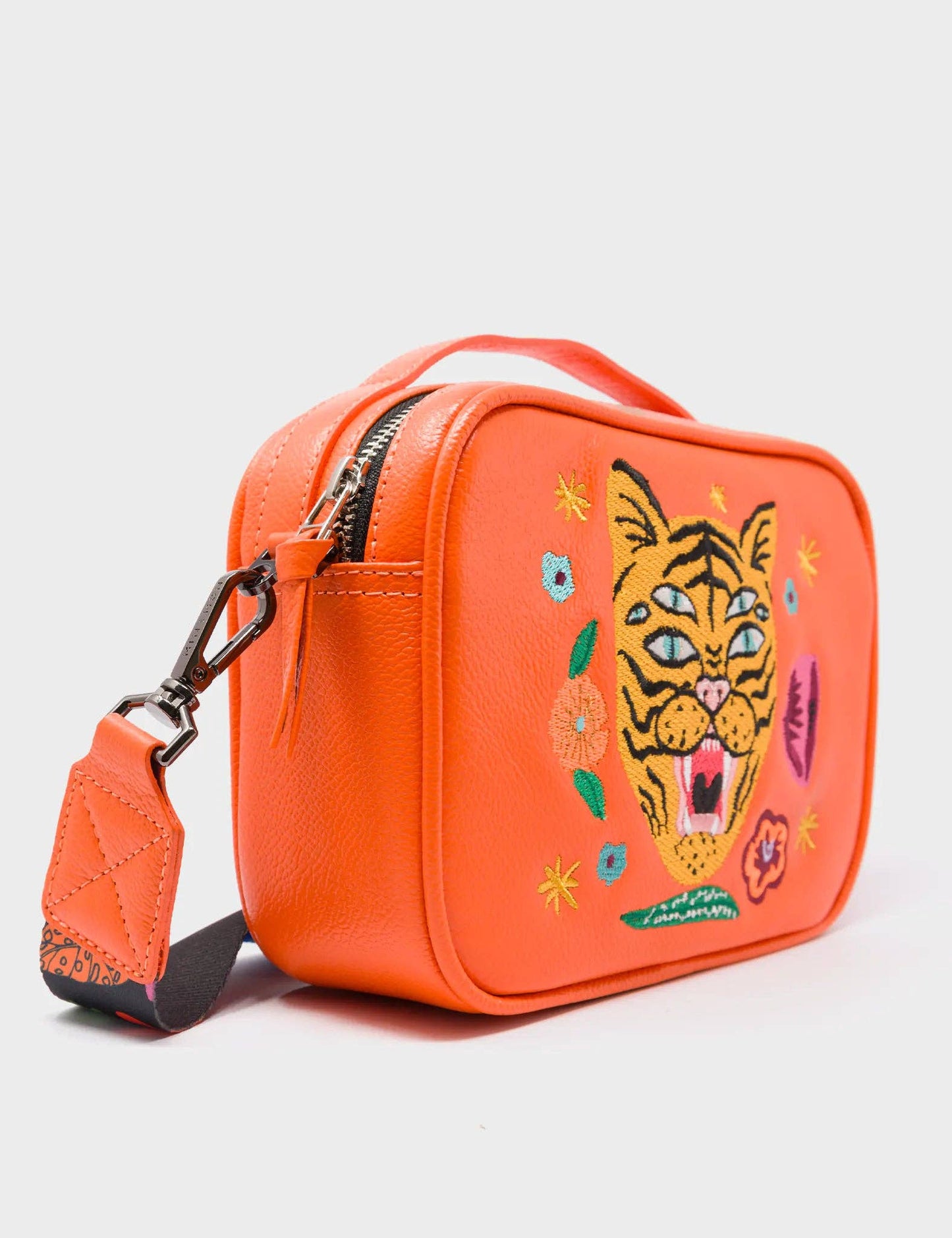 Verto Crossbody Vermillion Orange Leather Handbag - Tiger and Flowers Embroidery