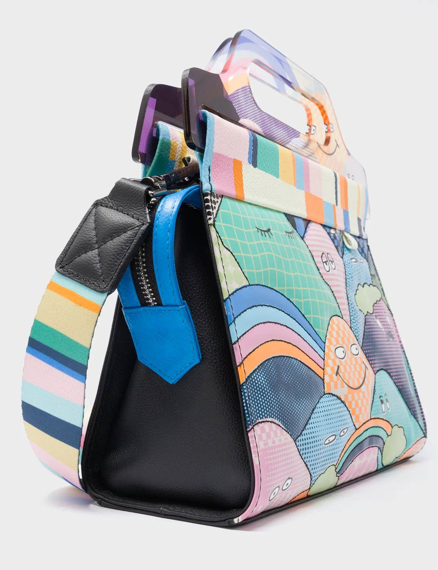 Vali Black Leather Crossbody Handbag Plastic Handle - Happy Mountanis Print