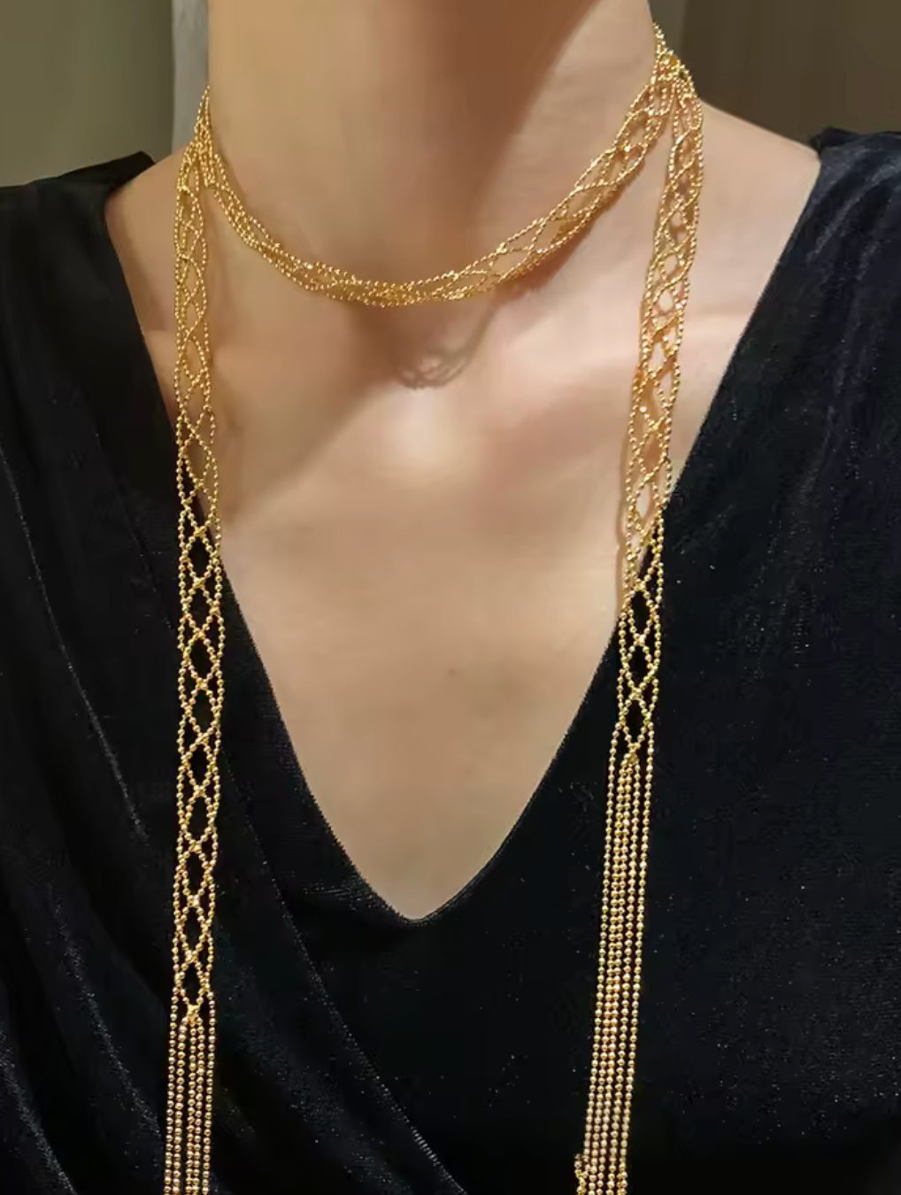 Lady Anne Lace Metal Scarf Fringe Necklace- PVD