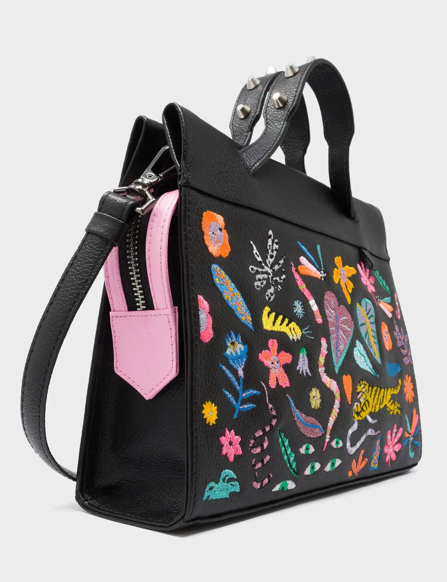 Vali Crossbody Small Black Leather Bag - Autumn Blush Embroidery