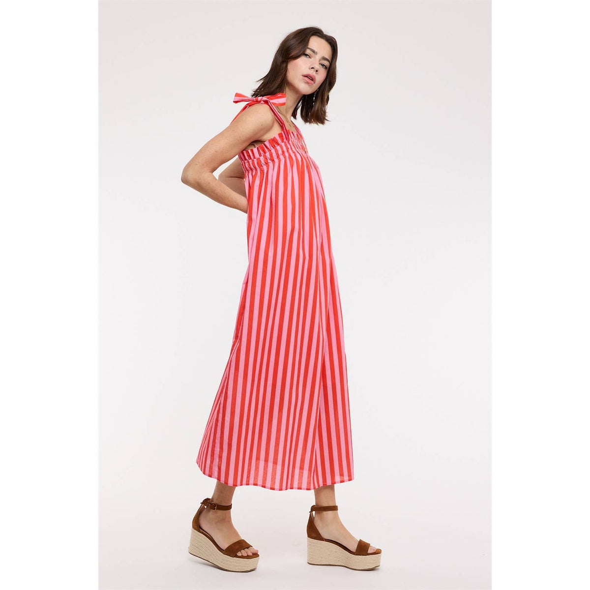 STRIPED SHOULDER TIES MIDI DRESS