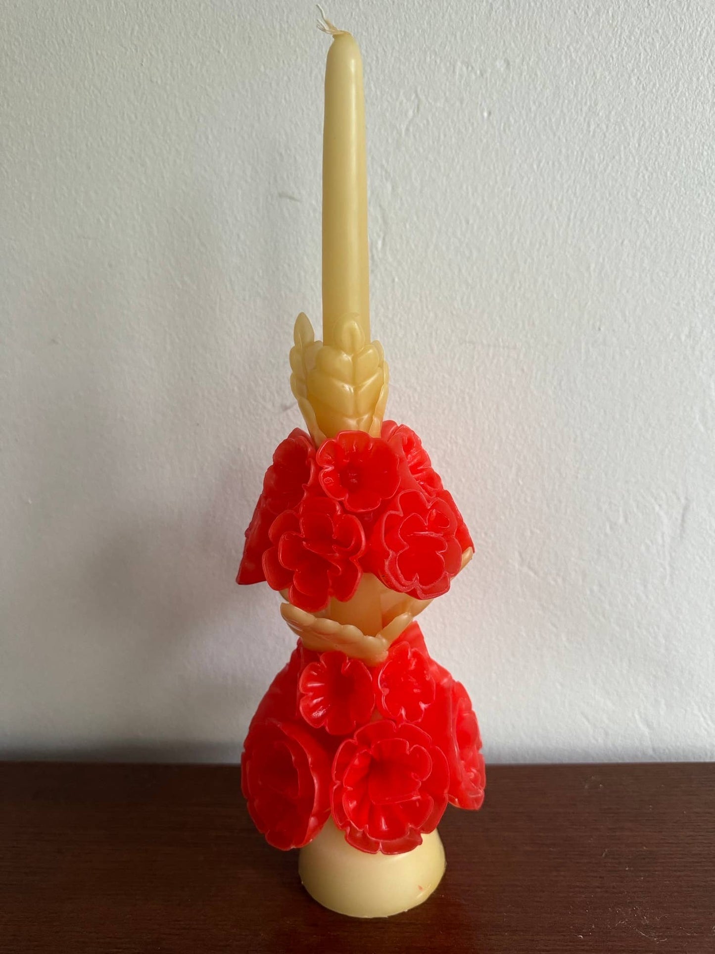 Tall Mexican Floral Candle- Ivory + Coral