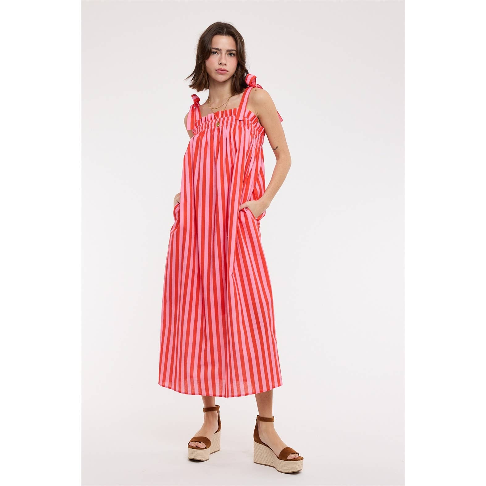 STRIPED SHOULDER TIES MIDI DRESS PUNCH/CORAL / L