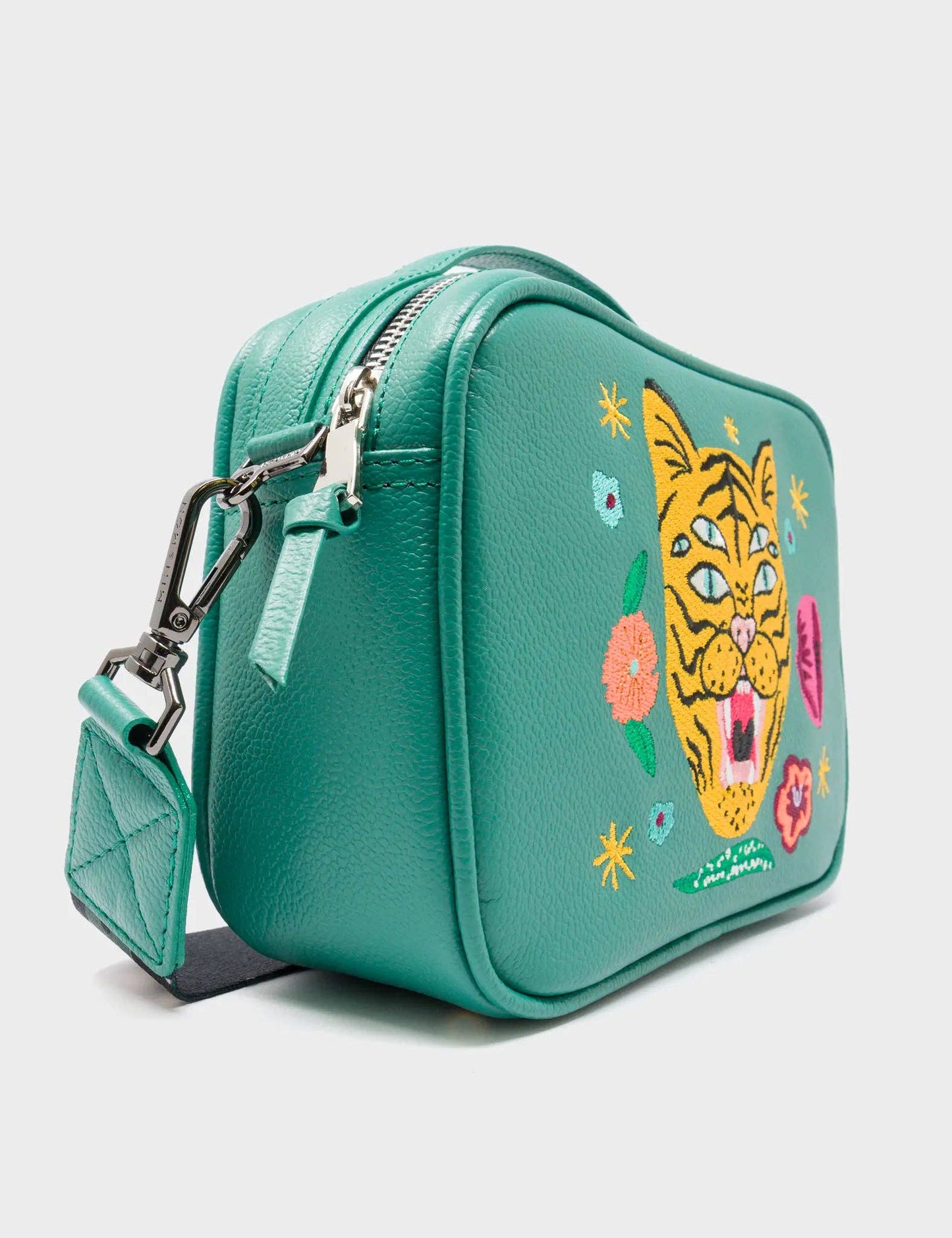 Verto Deep Green Leather Crossbody Bag - Happy Tiger Embroidery