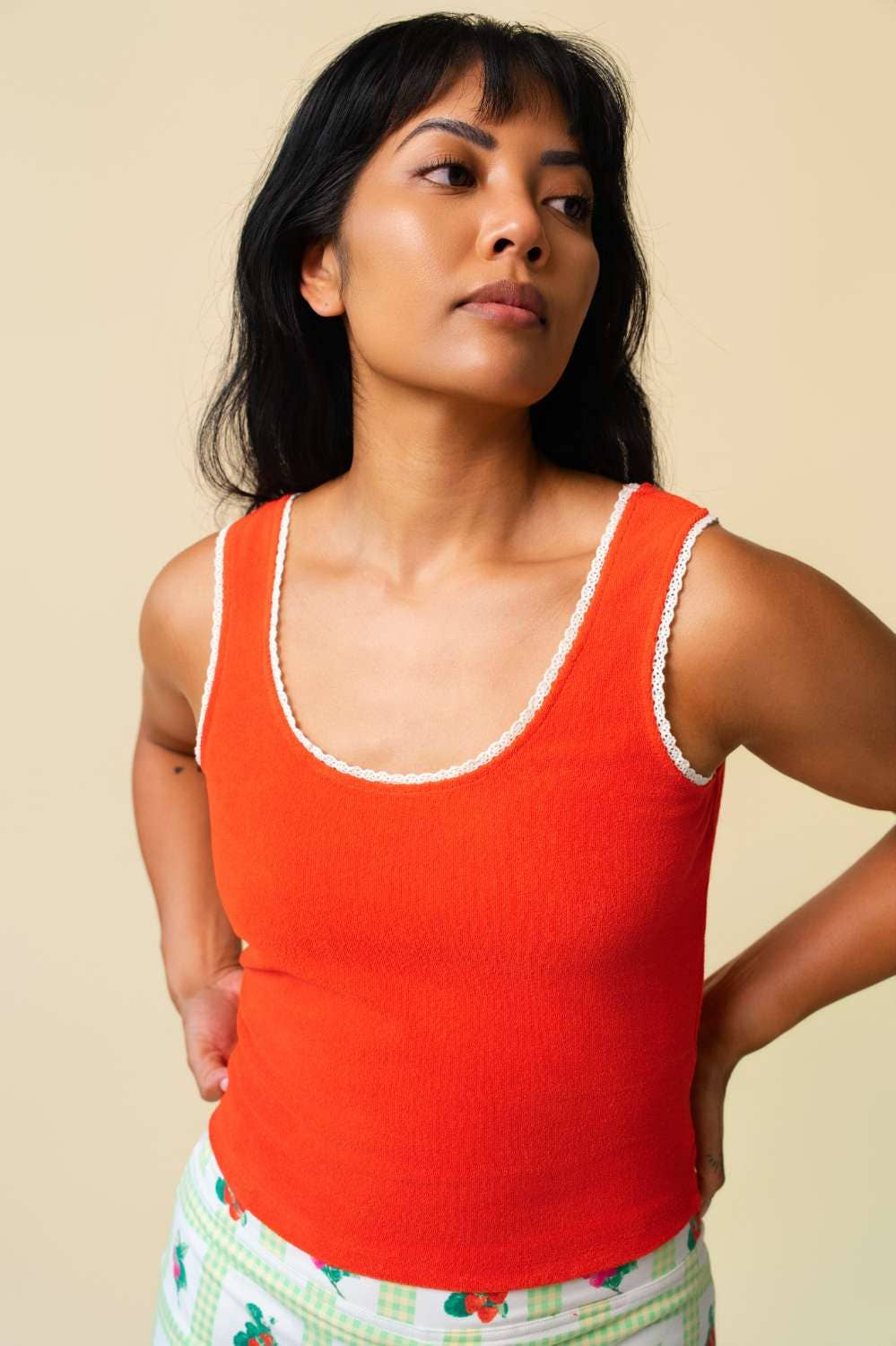Lace-Trim Terry Tank Red