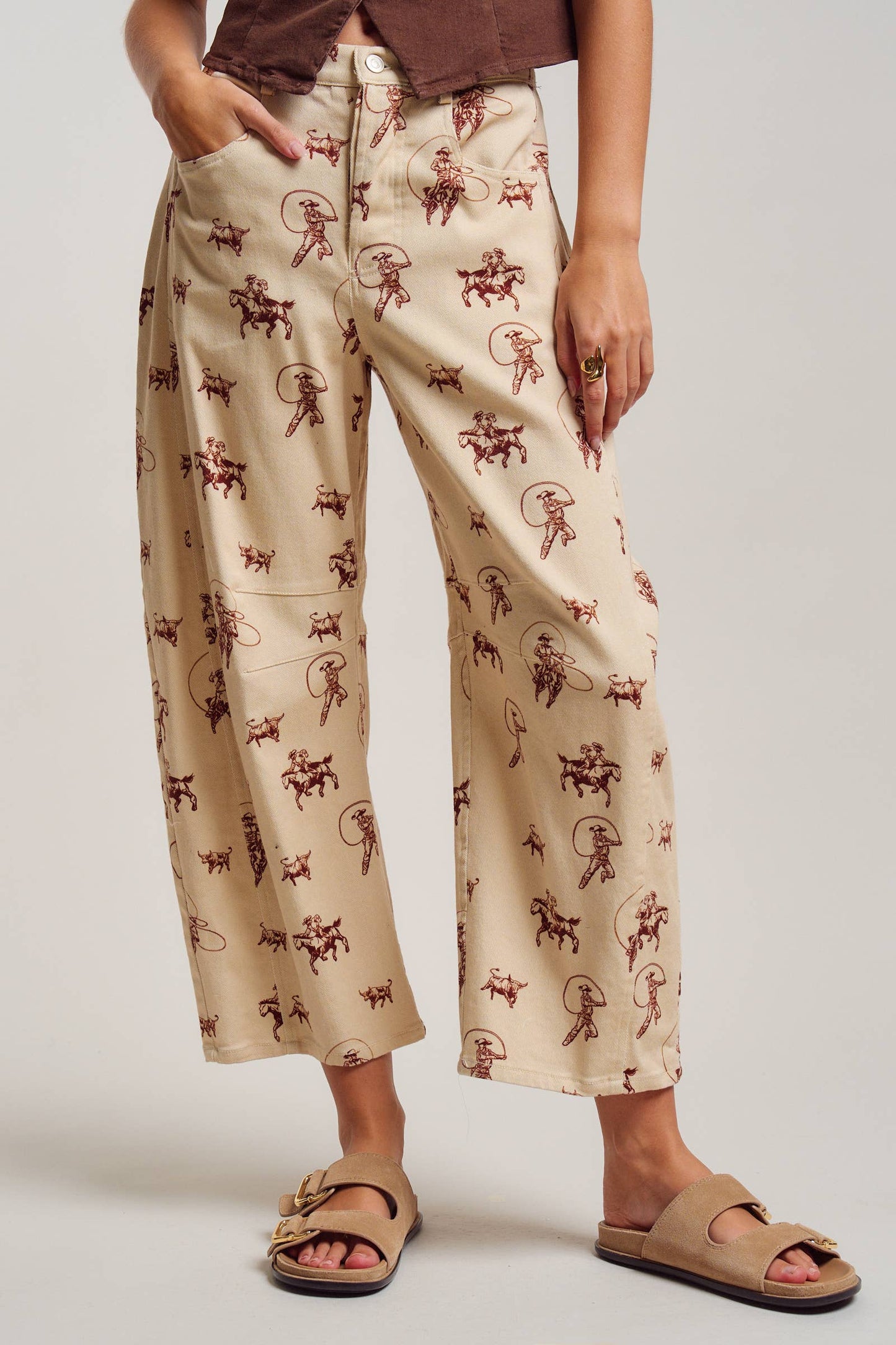 Western Toile Print Barrel Leg Stretch Pants