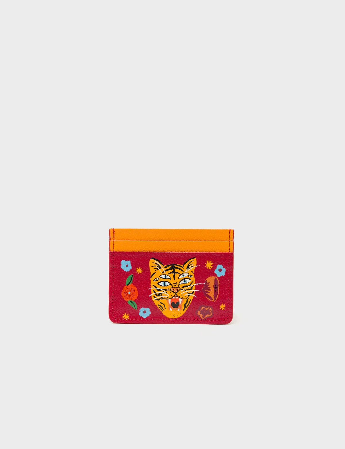 Filium Jester Red and Flamingo Orange Leather Cardholder - Happy Tiger Print
