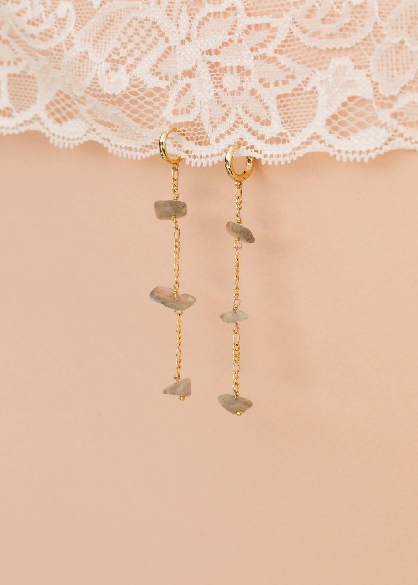 Raw Gemstone Chain Drop Earring - Rainbow Moonstone