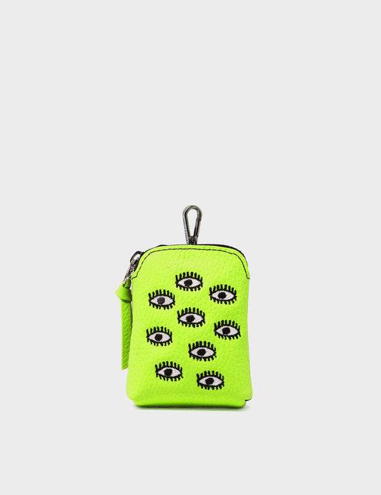 Florence Pouch Charm - Neon Lime Leather Keychain All Over Eyes Embroidery