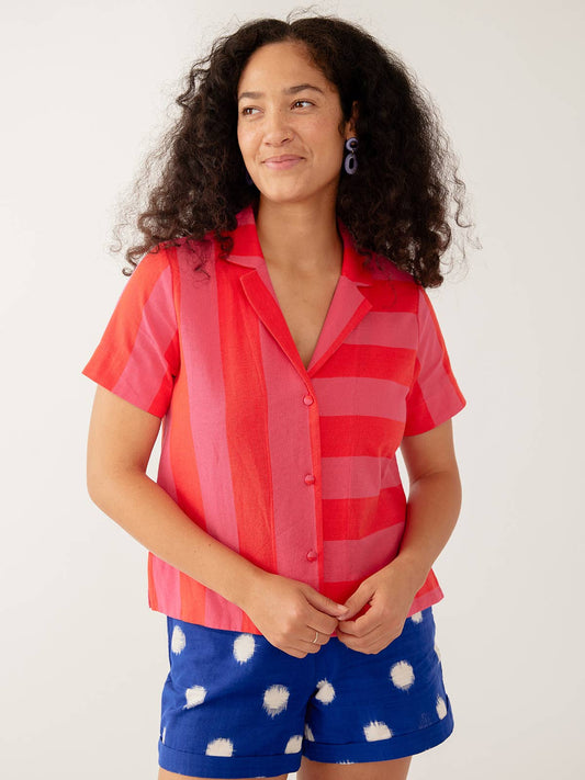 Camp Shirt Pink Red Linen Cotton