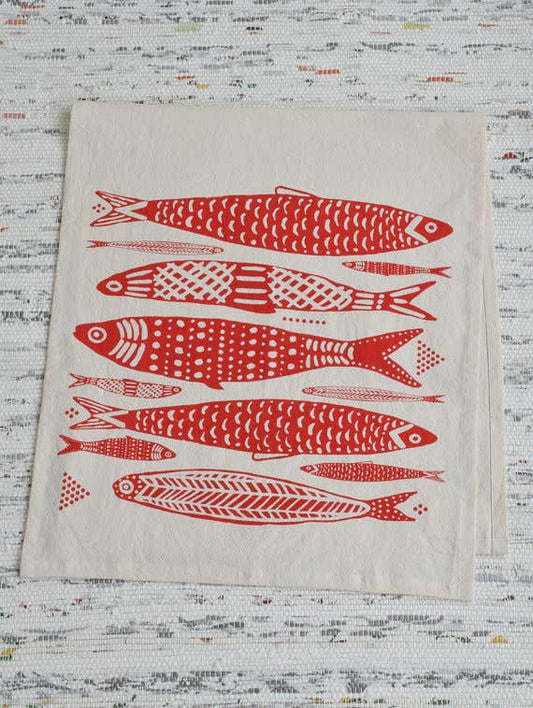 Sardines Tea Towel in Red - Organic Cotton - Fish Print