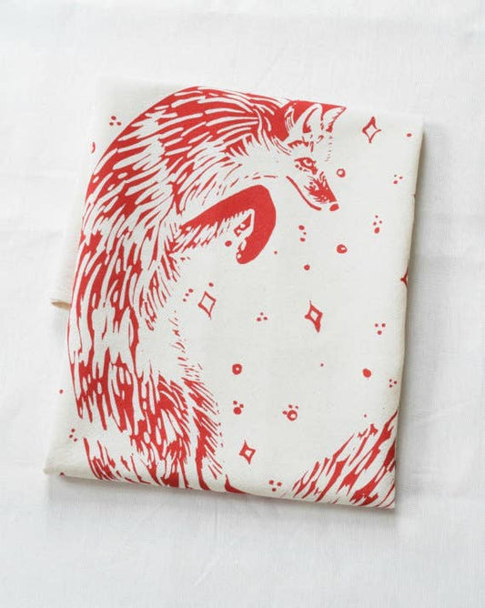 Organic Cotton Celestial Fox Tea Towel in Red - Animal Print