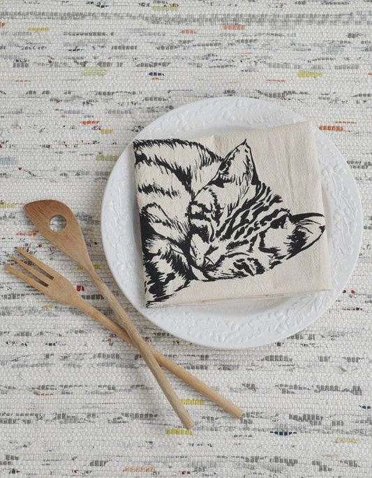 Organic Cotton Sleeping Cat Tea Towel in Black - Kitty Towel