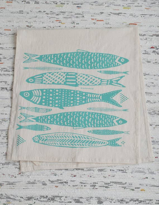 Sardines Tea Towel in Mint Green - Organic Cotton - Fishes