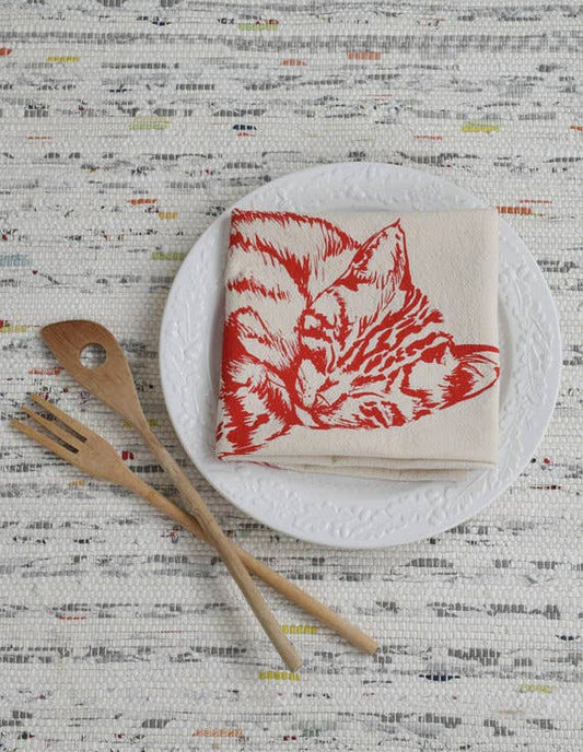 Organic Cotton Sleeping Cat Tea Towel in Red - Kitty Print