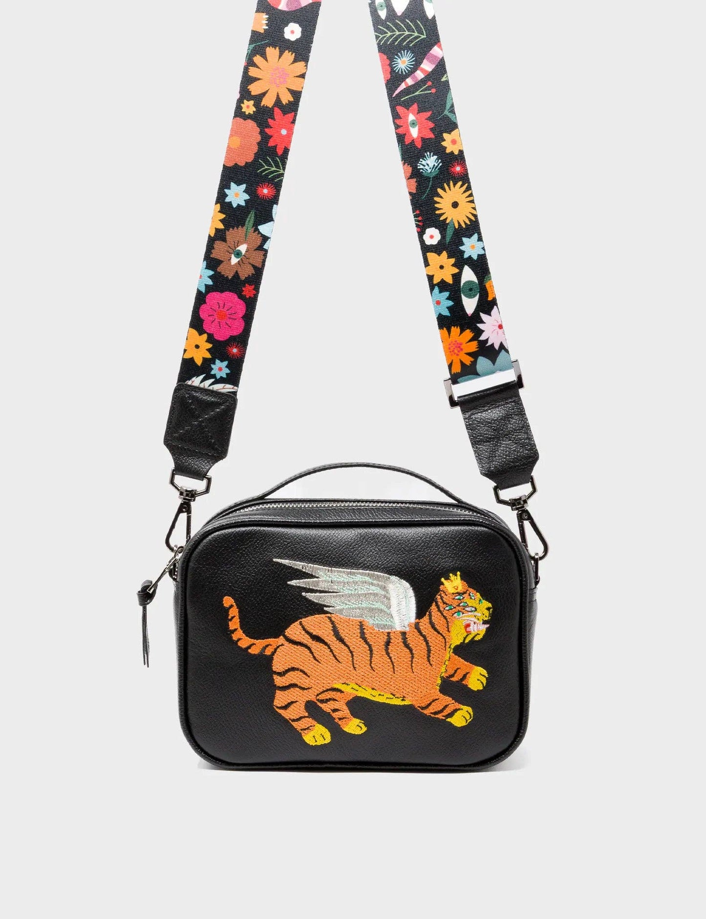 Verto Black Leather Crossbody Bag - Winged Tiger Embroidery