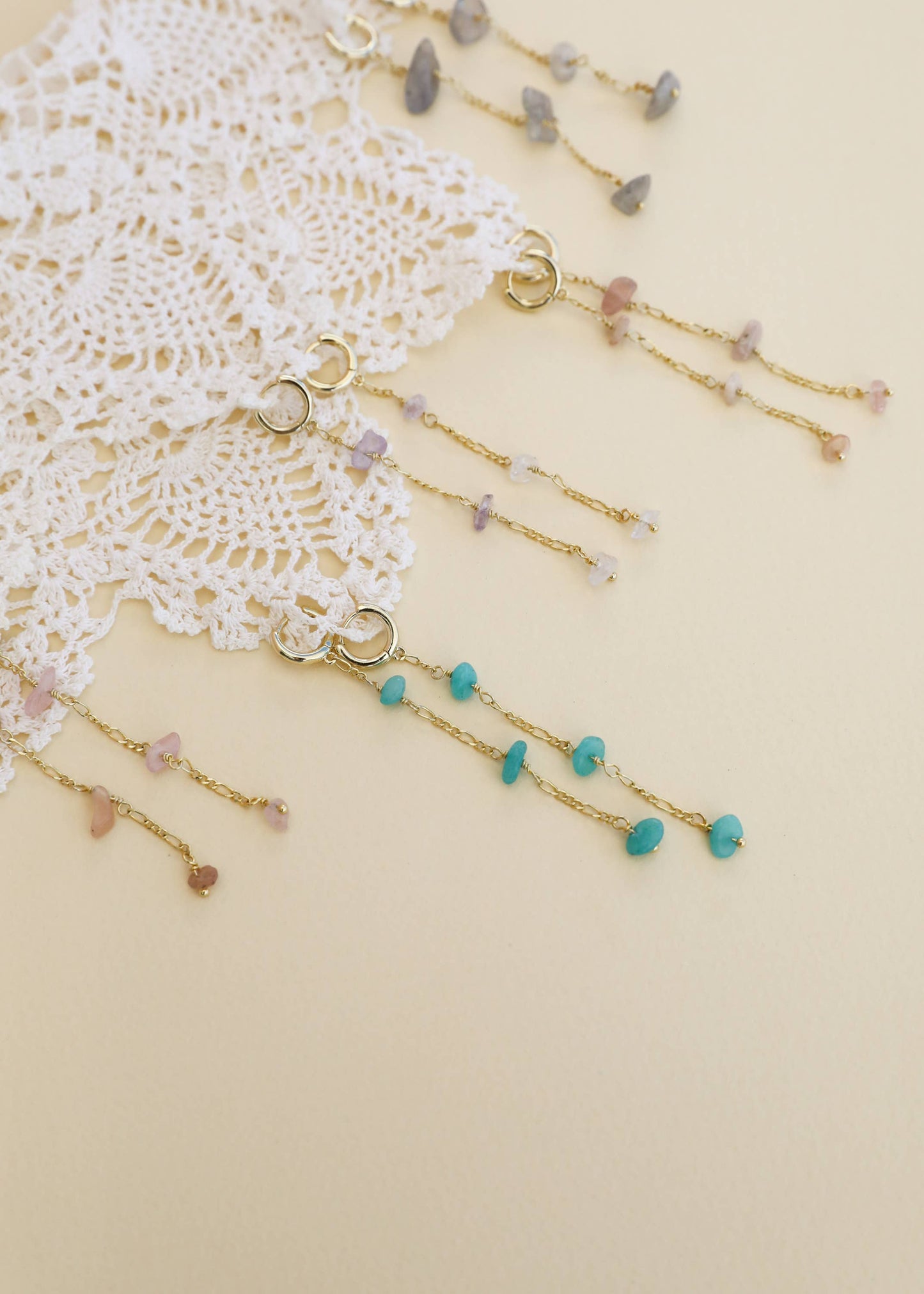 Raw Gemstone Chain Drop Earring - Peach Moonstone