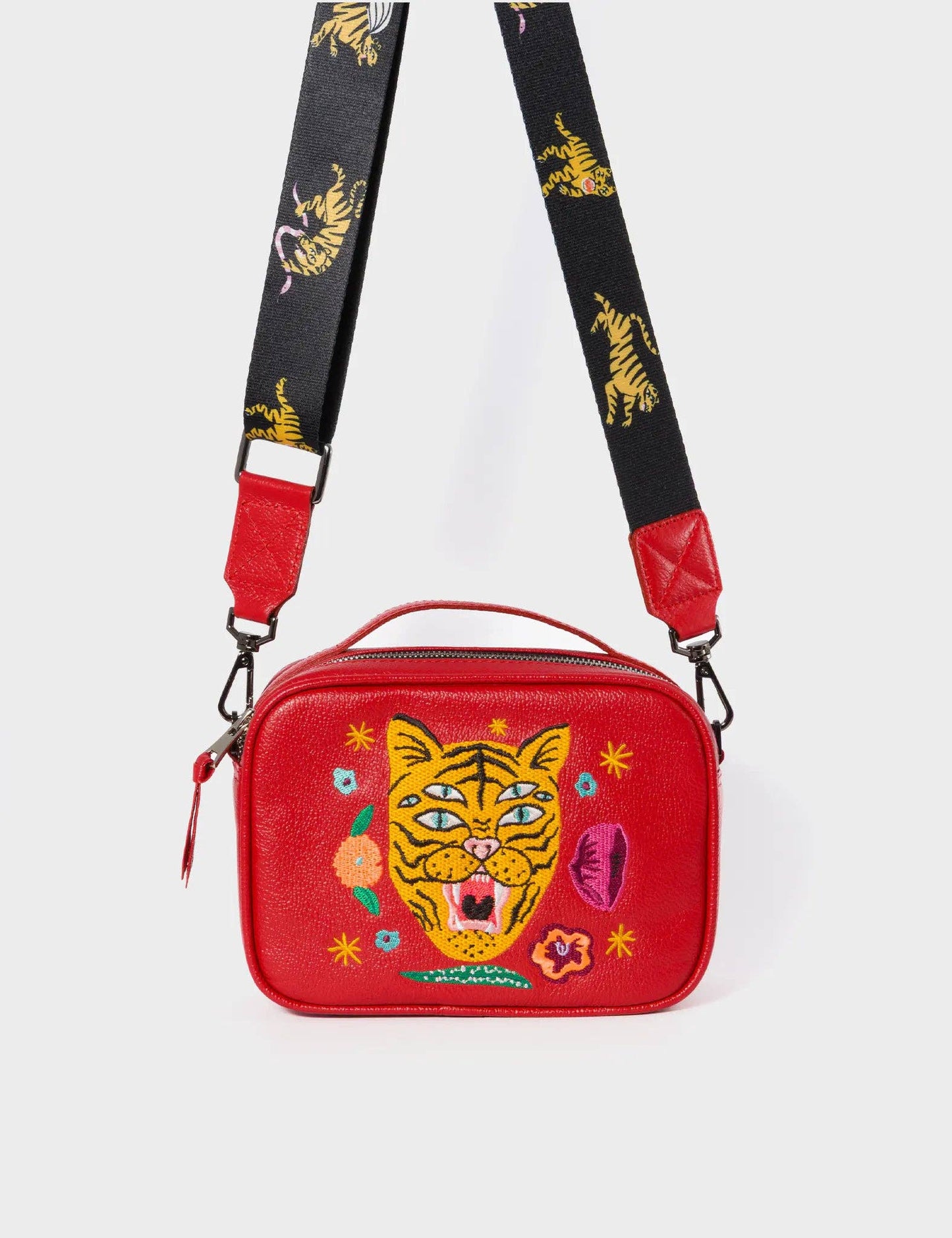 Verto Jester Red Leather Crossbody Bag - Happy Tiger Embroidery
