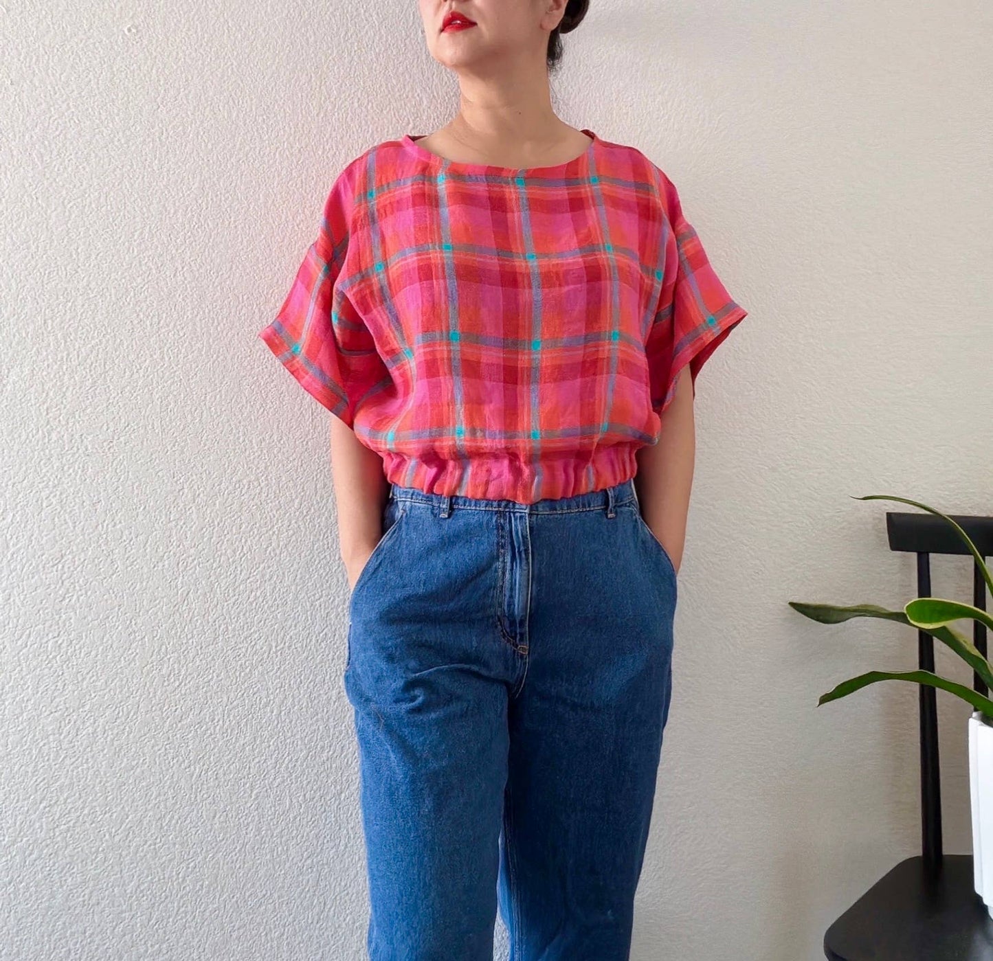 Pink check linen top