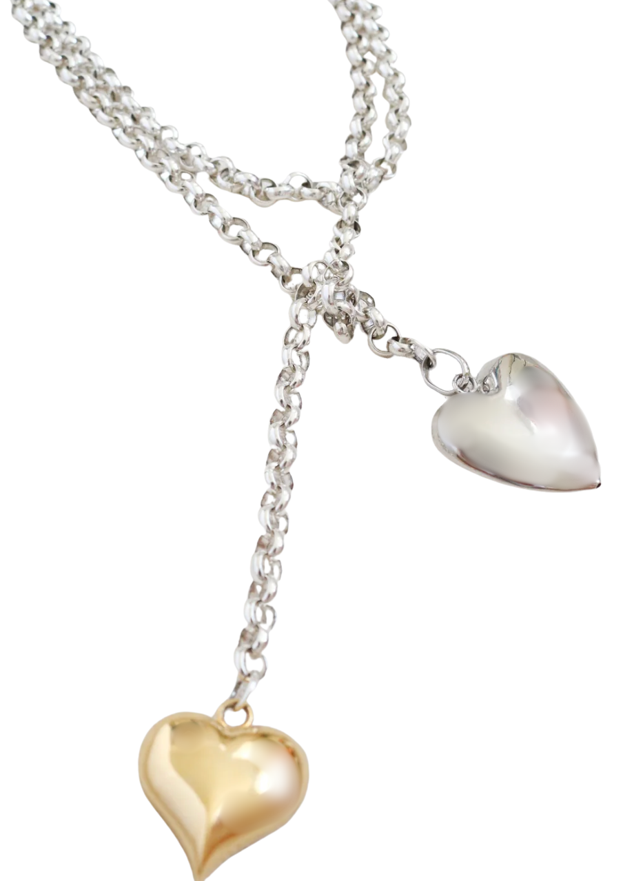 Tie Up Your Heart- Two Tone Puffy Heart Lariat PVD