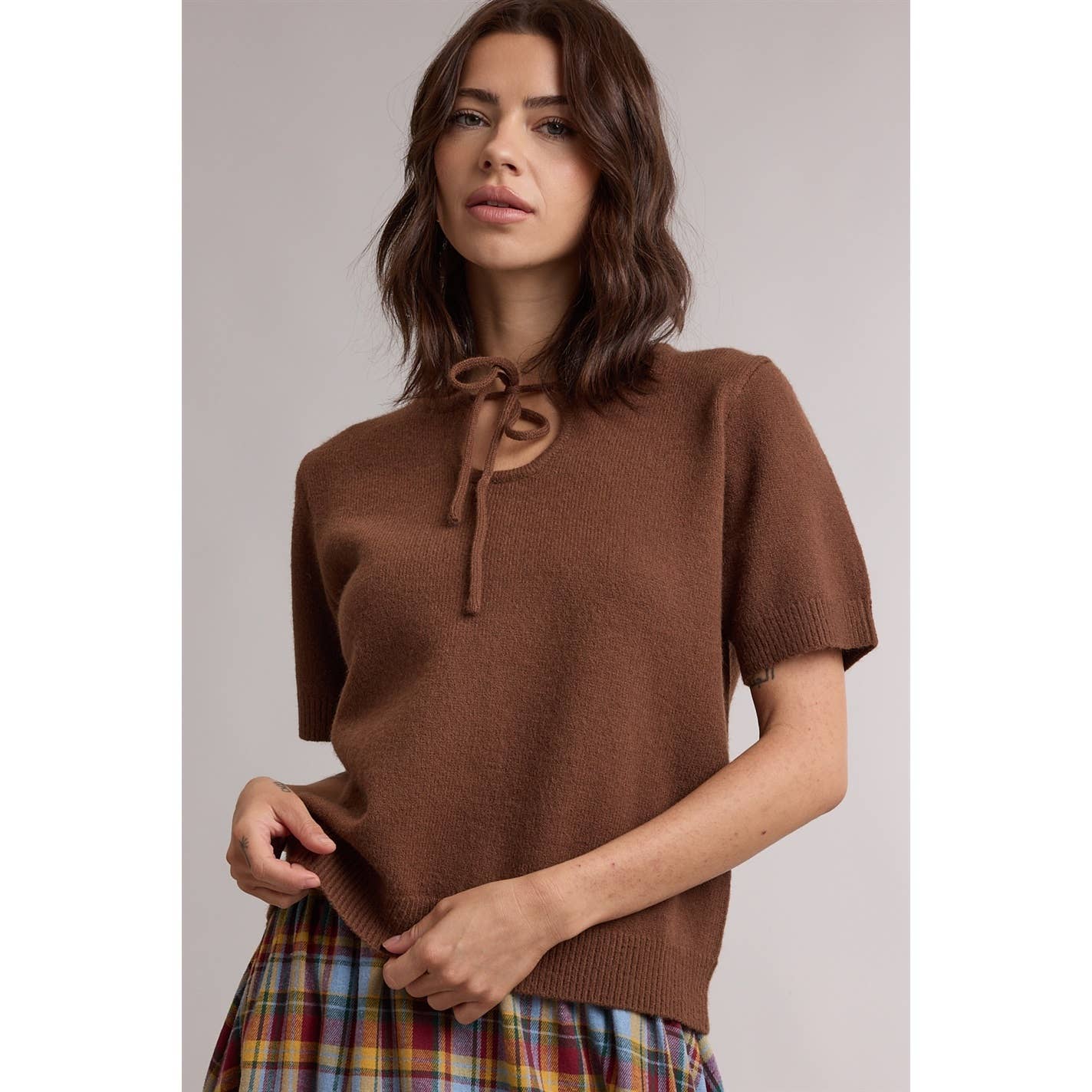 Tie Neck Short Sleeve Sweater