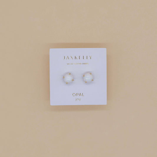 Round - White Opal Gemstone - Gold Earrings