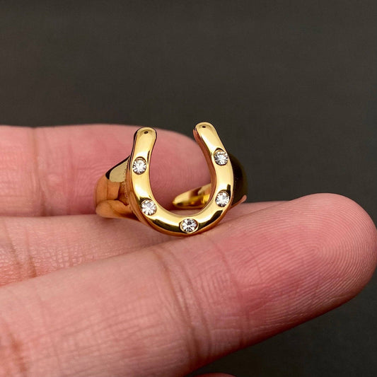Zircon Inlaid Horseshoe 18K Gold Plated S.Steel Ring - FGS