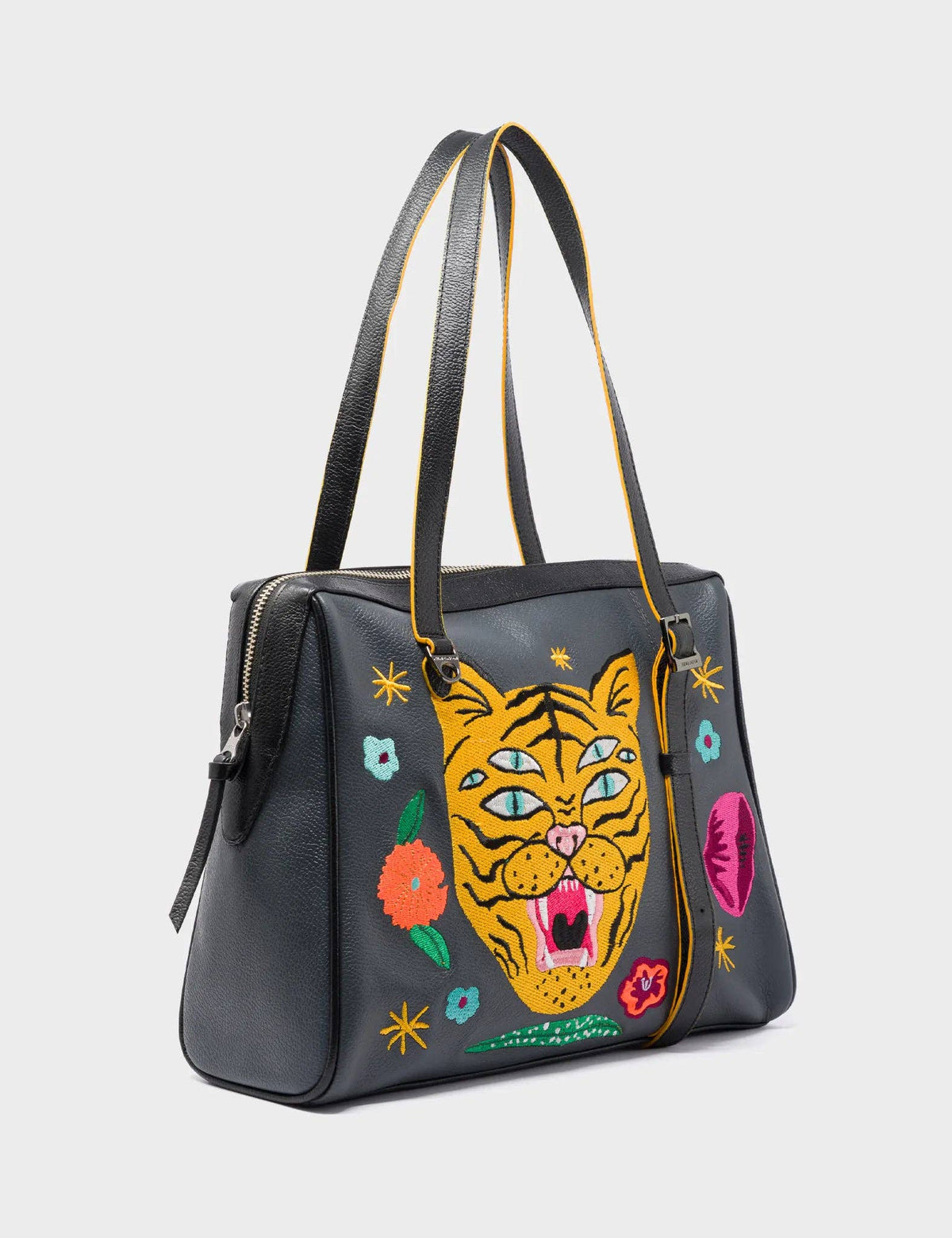Esther Stormy Gray Satchel Bag - Happy Tiger Embroidery