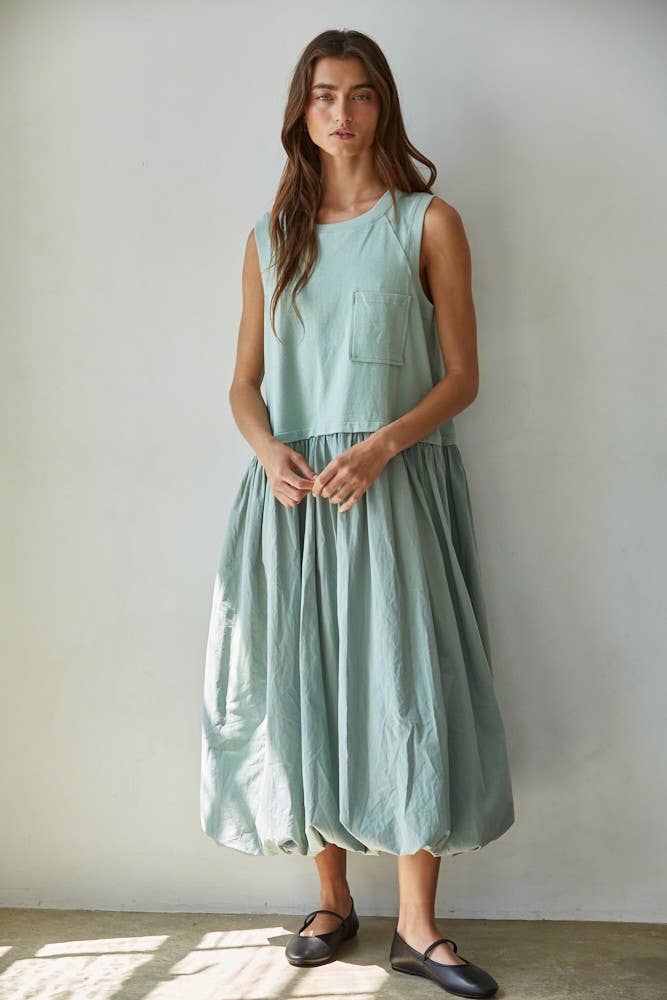 Knit Cotton Drop Waist Bubble Hem Midi Dress