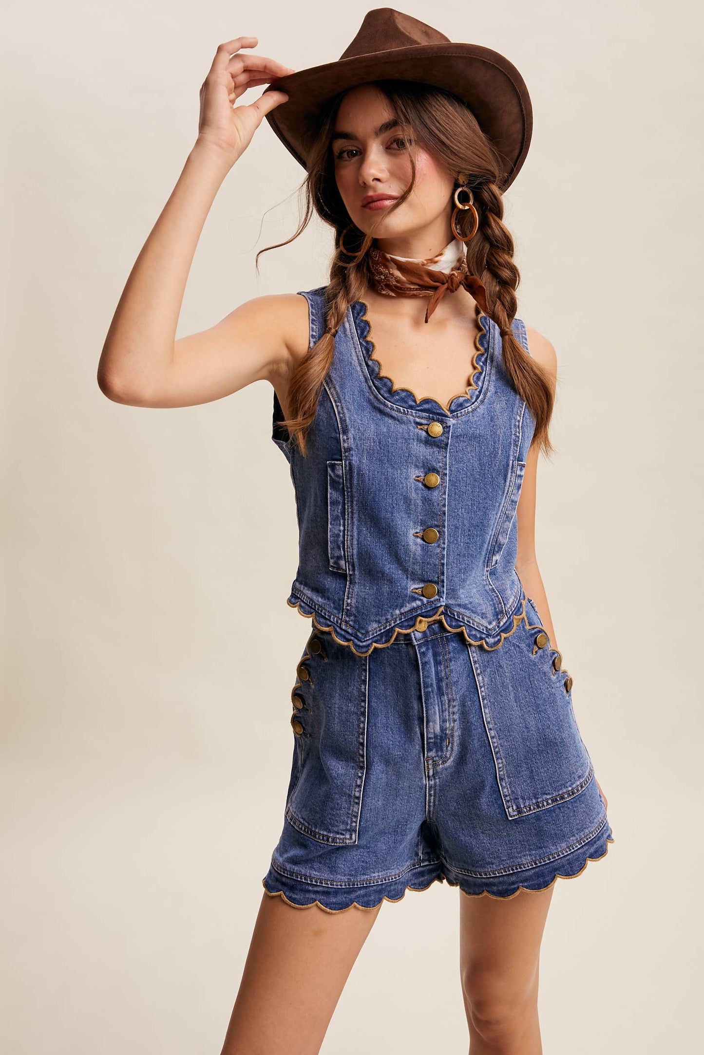Scallop Button-Side Stretch Denim Shorts