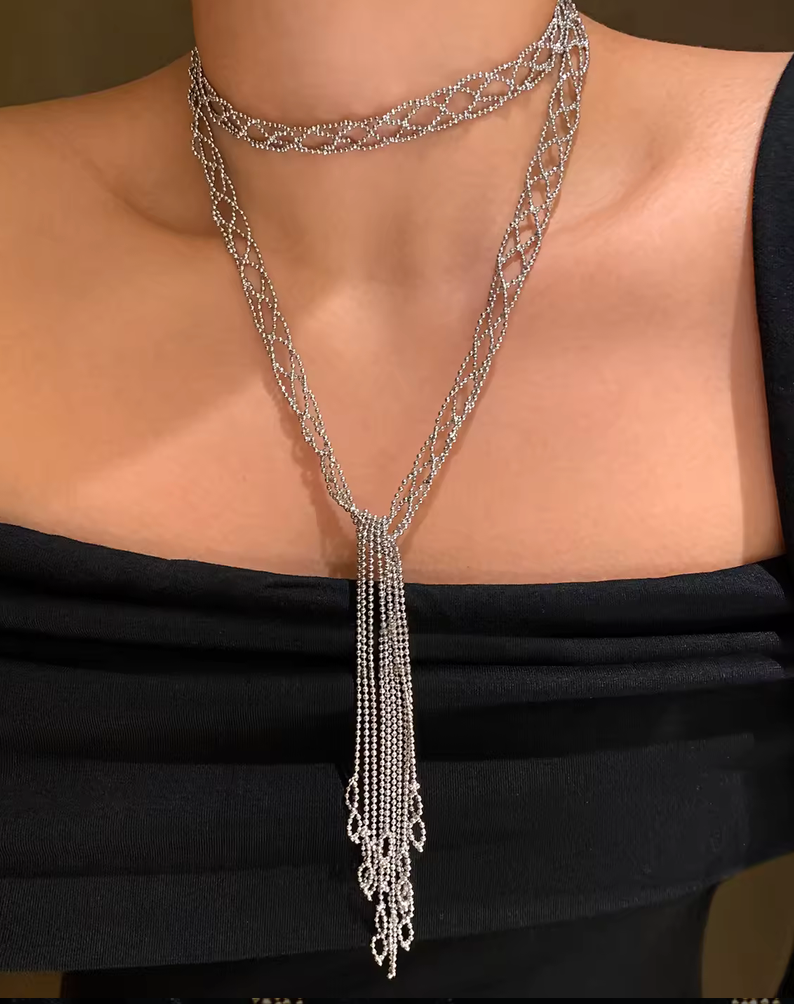 Lady Anne Lace Metal Scarf Fringe Necklace- PVD 