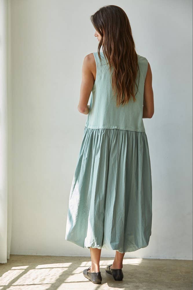 Knit Cotton Drop Waist Bubble Hem Midi Dress