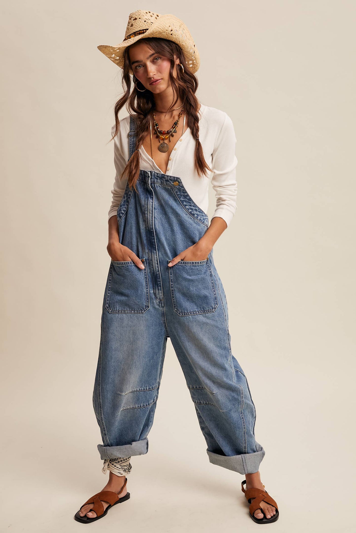 Western Wide-Leg Denim Overalls