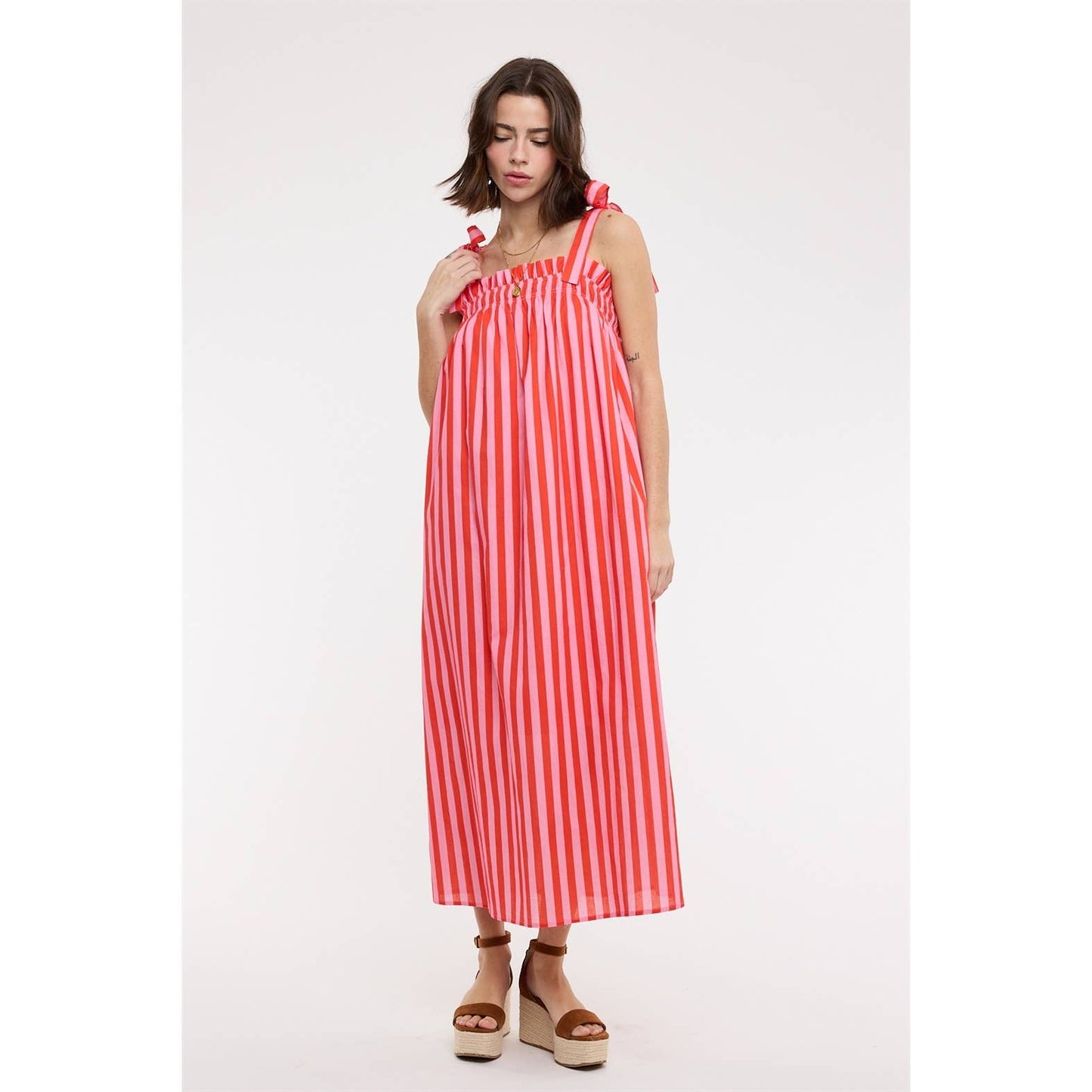 STRIPED SHOULDER TIES MIDI DRESS