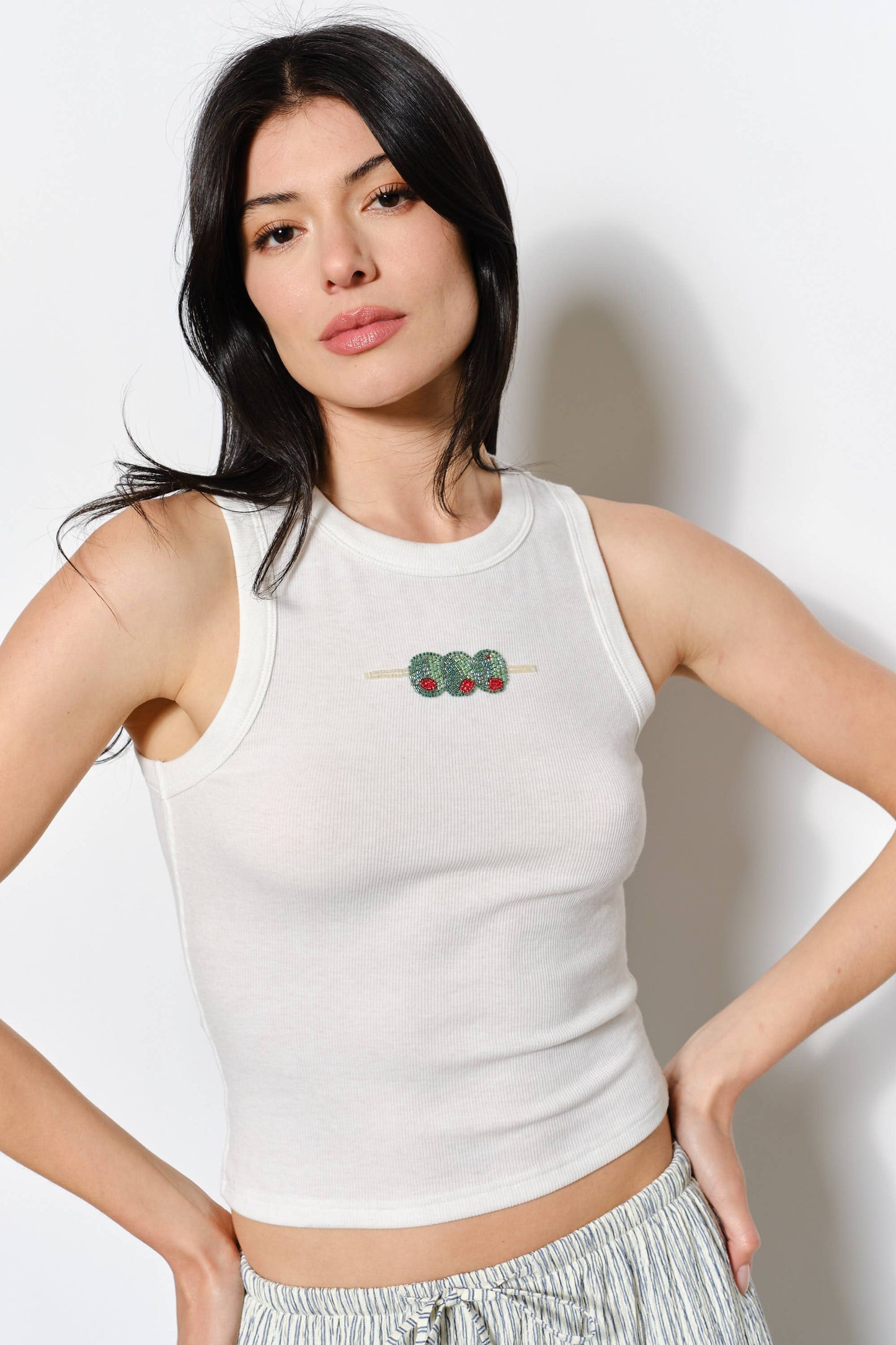 OZZY OLIVE BEAD EMBROIDERY TANK