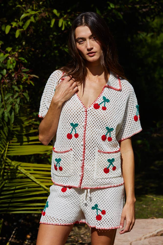 Knit Sweater Cotton Cherry Crochet Cardigan Top