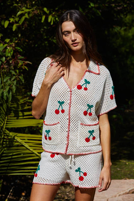 Knit Sweater Cotton Cherry Crochet Cardigan Top