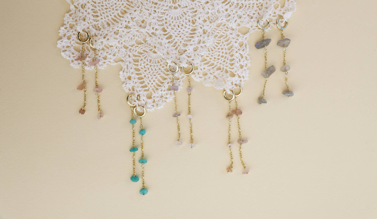 Raw Gemstone Chain Drop Earring - Rainbow Moonstone