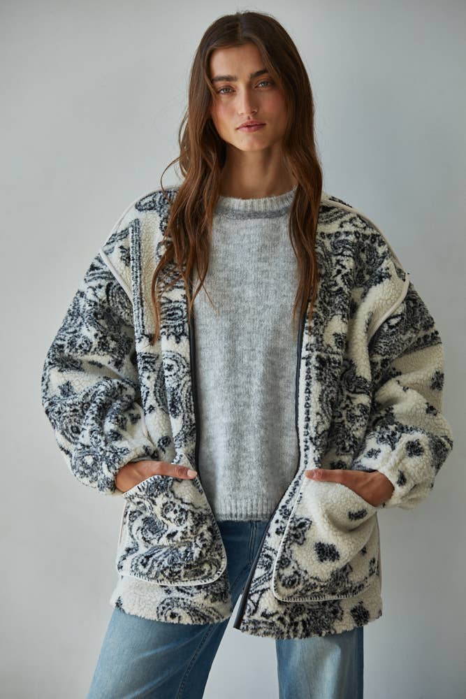 Fleece Sherpa Paisley Print Jacket