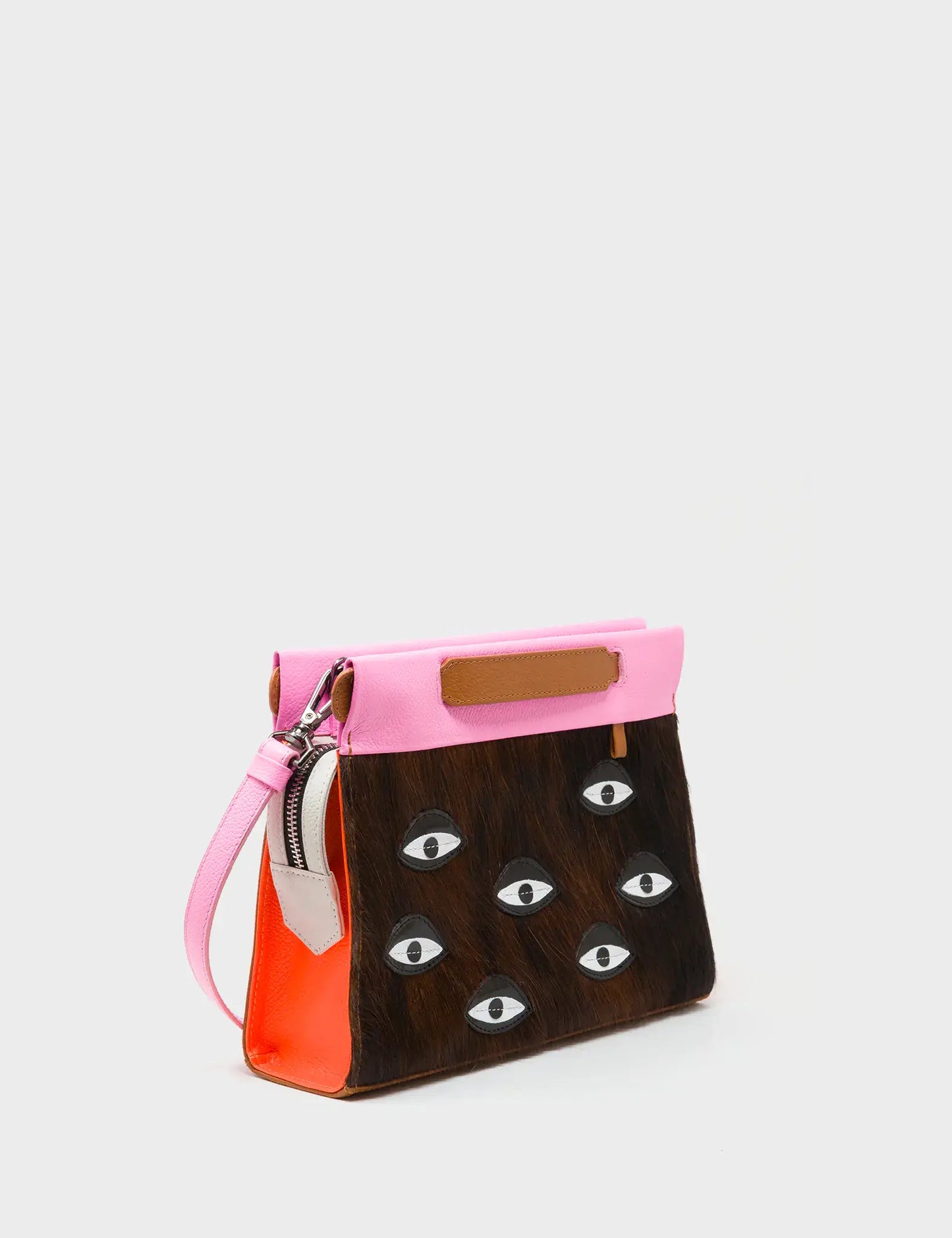 Vali Crossbody Small Bubblegum Pink And Neon Orange Leather Bag - Eyes Applique Adjustable Handle