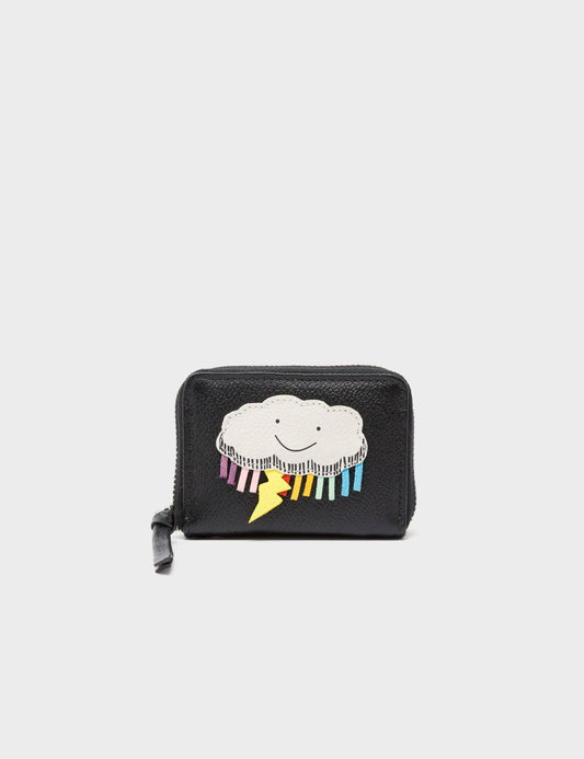 Frodo Black Leather Zip Around Wallet - Happy Cloud Applique