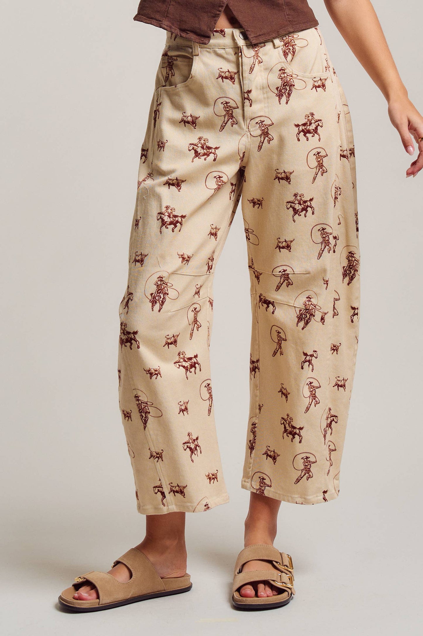 Western Toile Print Barrel Leg Stretch Pants
