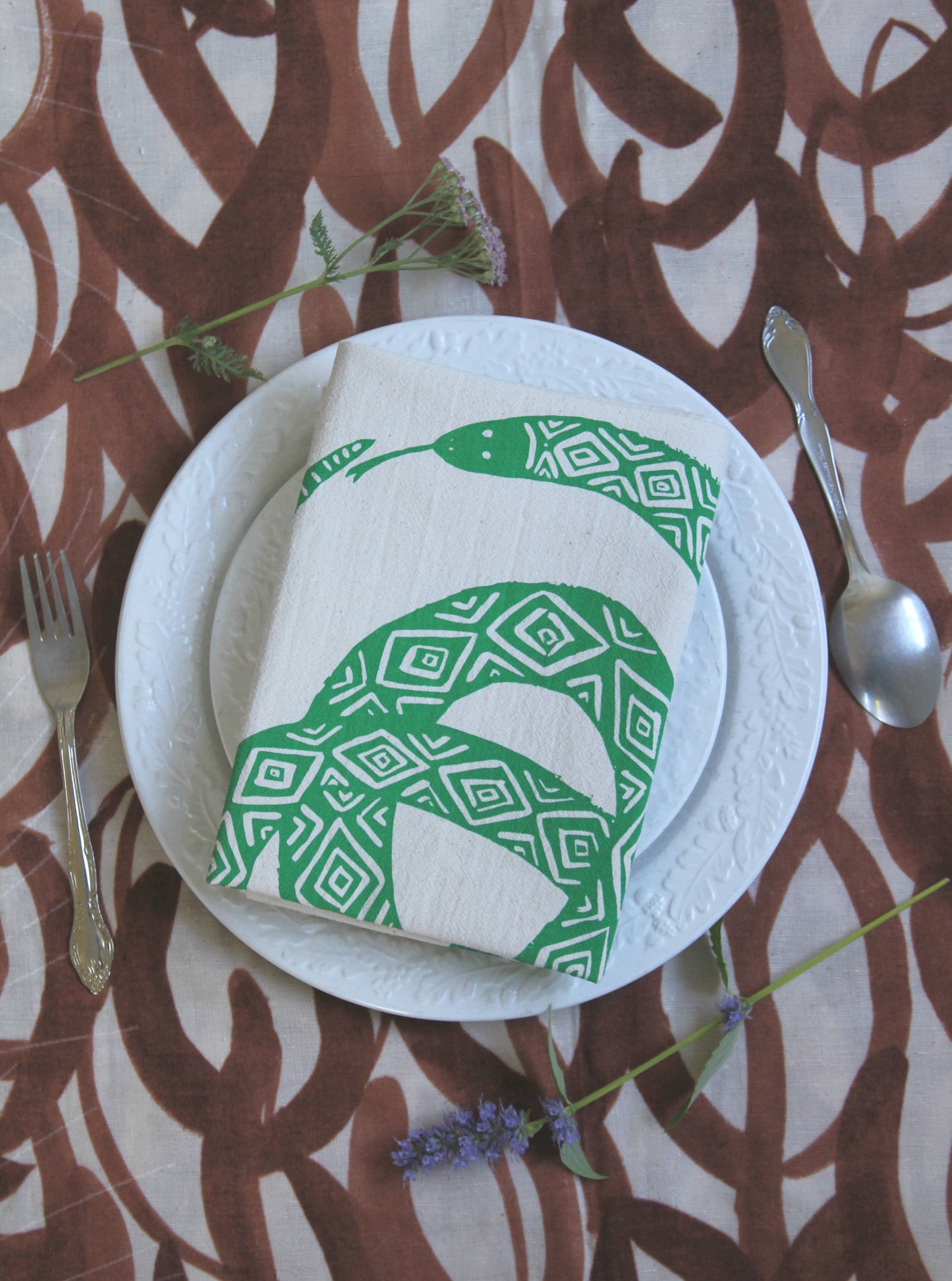 Organic Cotton Snake Tea Towel in Green - Ouroboros - Snakes