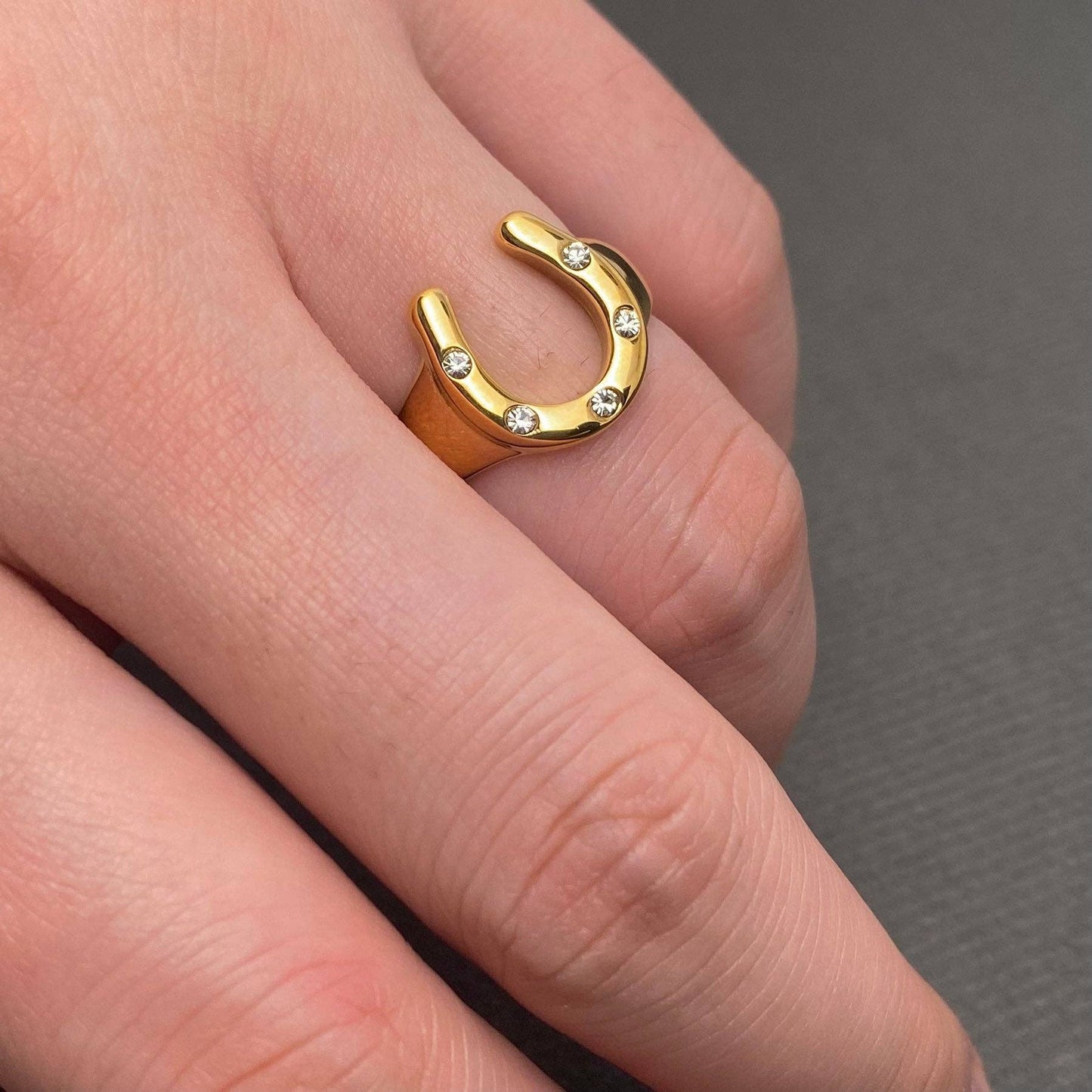 Zircon Inlaid Horseshoe 18K Gold Plated S.Steel Ring - FGS