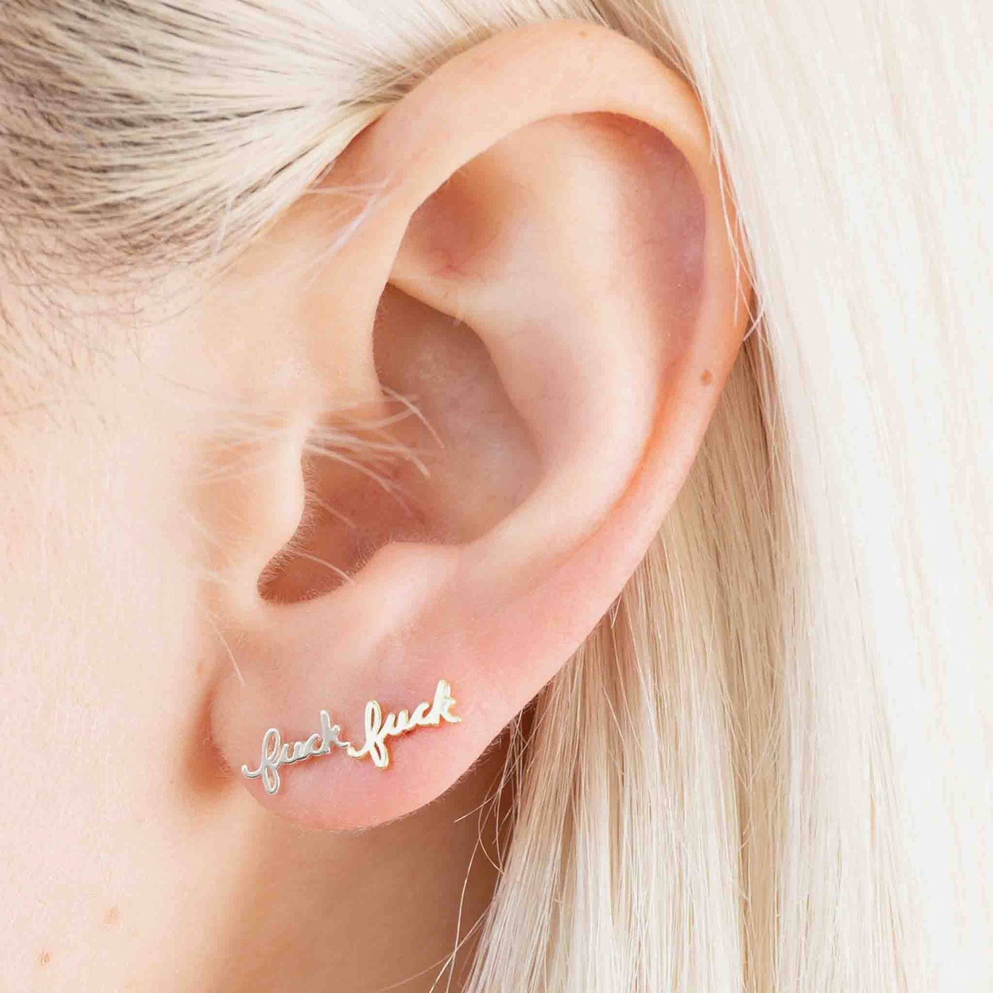 Fuck Script Stud Earring - Silver or Gold Plate, Single/Pair