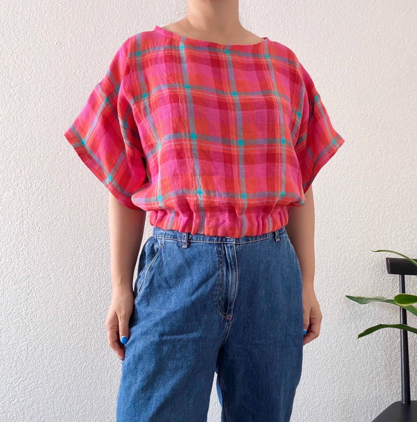 Pink check linen top