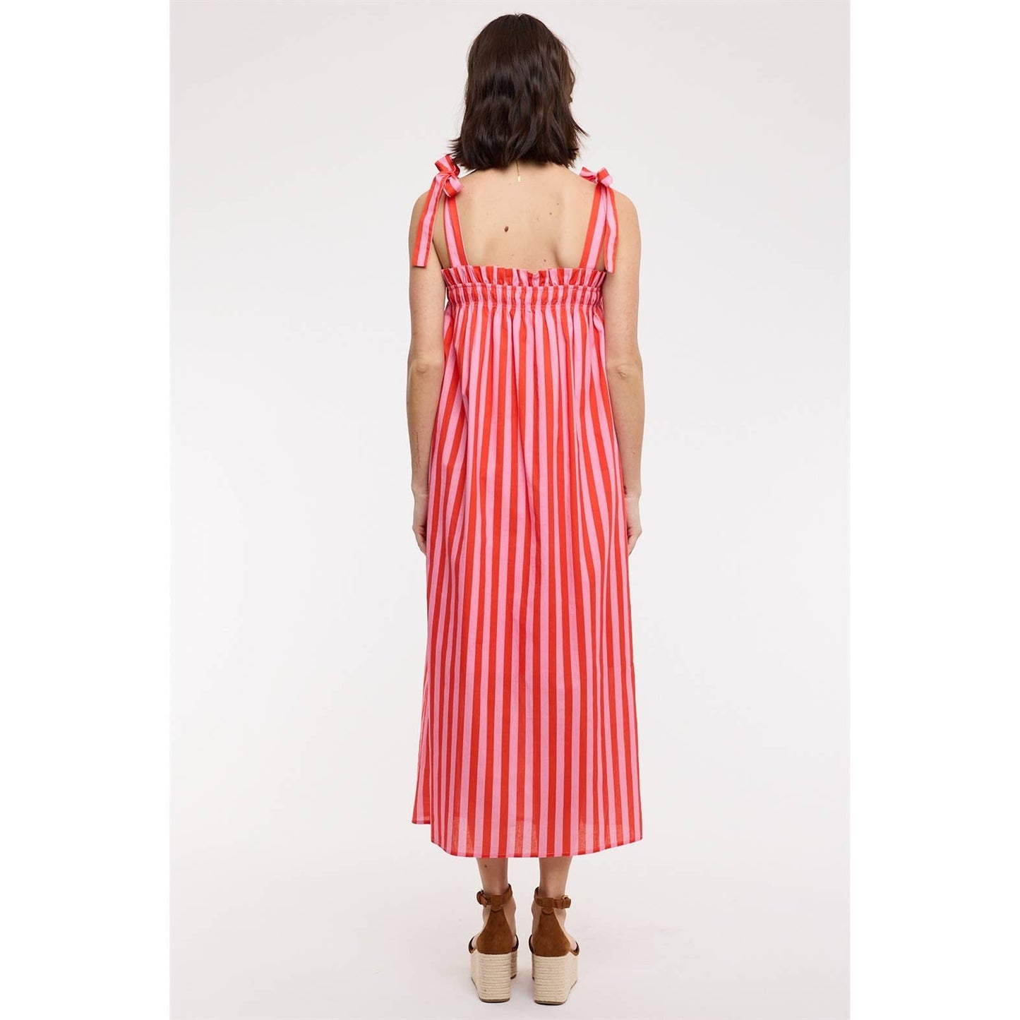 STRIPED SHOULDER TIES MIDI DRESS