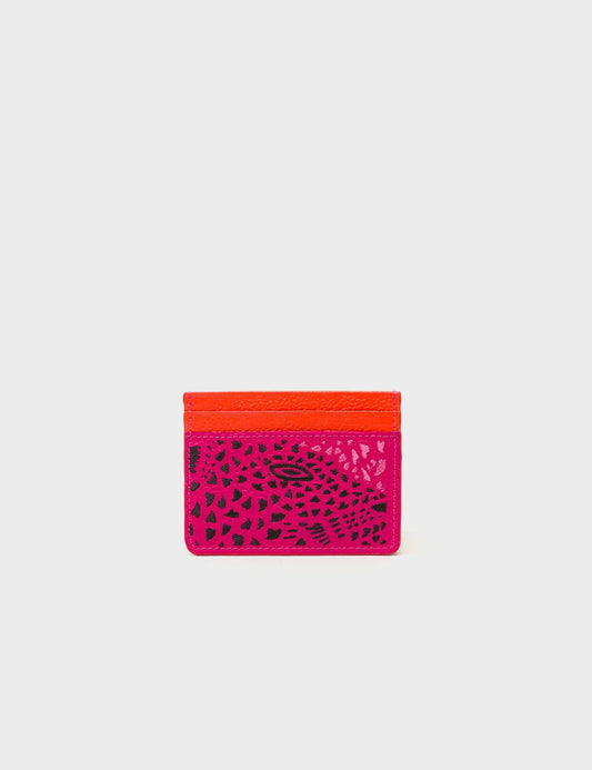 Filium Peacock Pink Leather Cardholder - Retro Tiger Embroidery