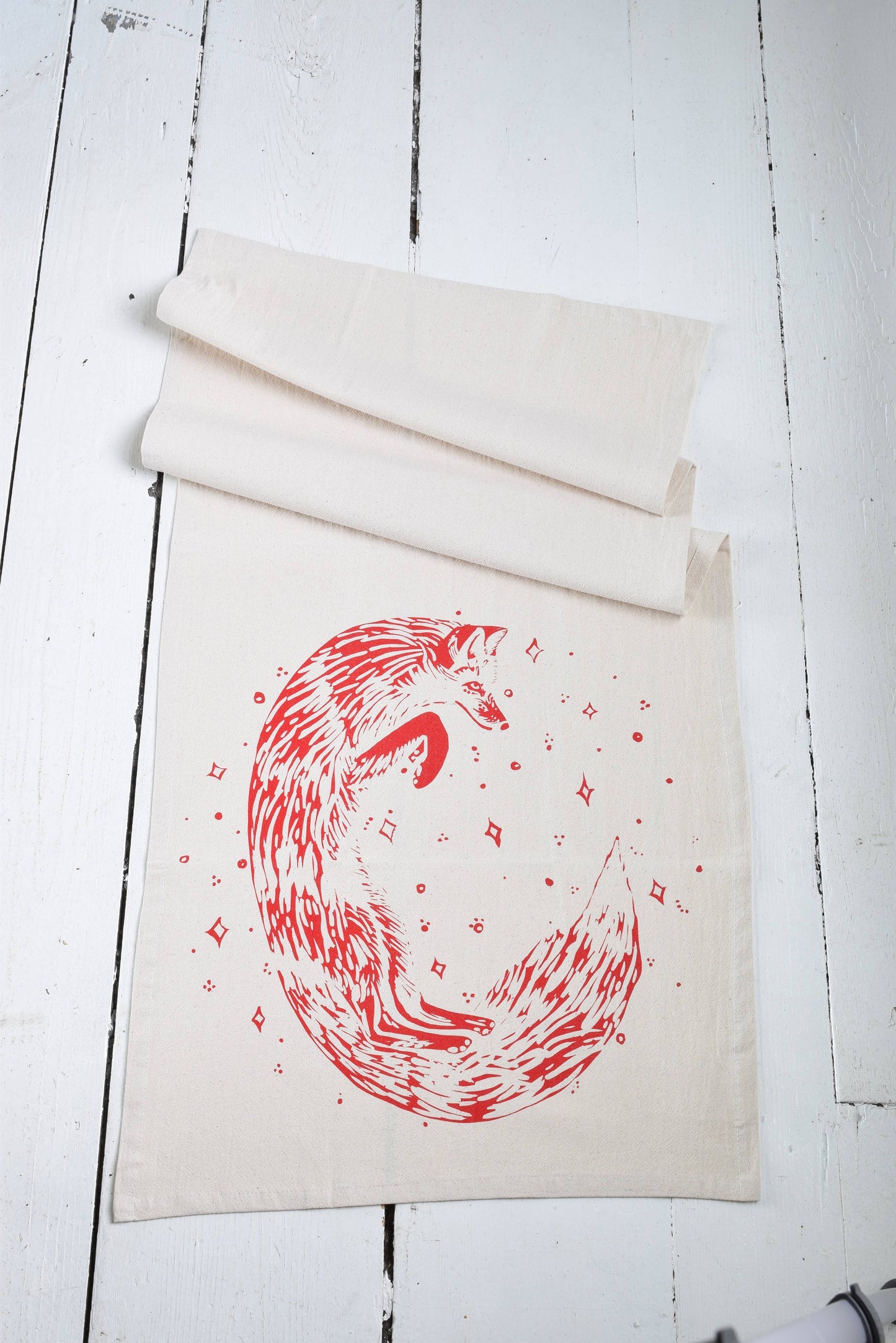 Organic Cotton Celestial Fox Tea Towel in Red - Animal Print